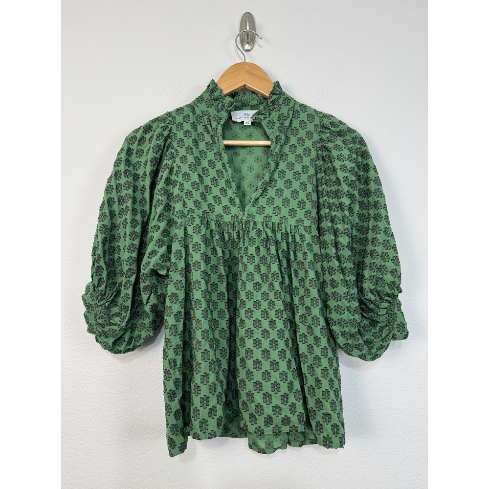 Never A Wallflower Blouse Women's XS Green Floral Ruffle Balloon Sleeve Tunic